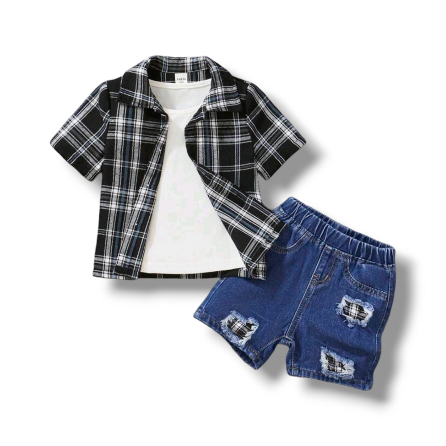 SHEIN Baby Boys Plaid Shirt White T-Shirt &  Plaid Print Flap Detail Coat Shirt & Denim Ripped Jeans Shorts Blue Torn Patchwork 3 Piece Set,Kids Back To School Clothes Outfits