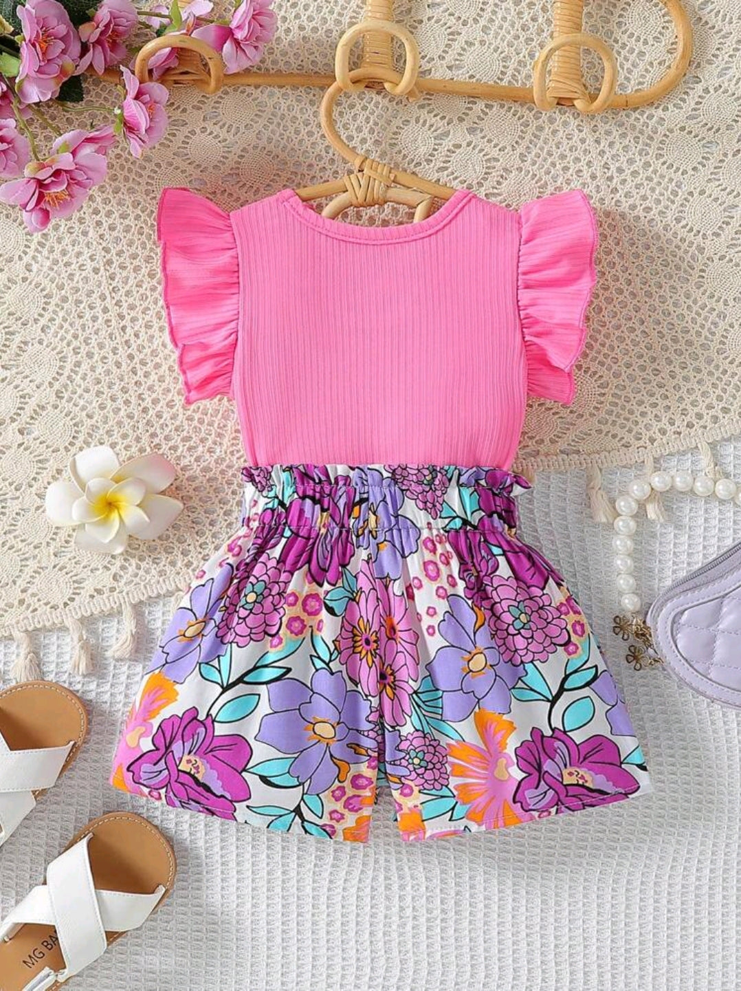 Baby Girl's Casual Butterfly Sleeve Top With Bowknot And Floral Printed Shorts Summer Holiday Outfit