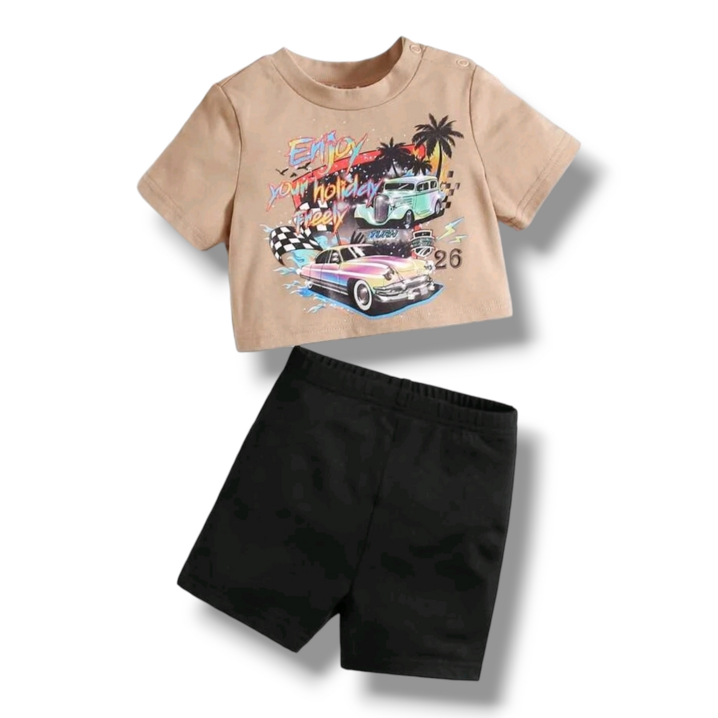 SHEIN Baby Girl Slogan & Car Print Tee & Shorts