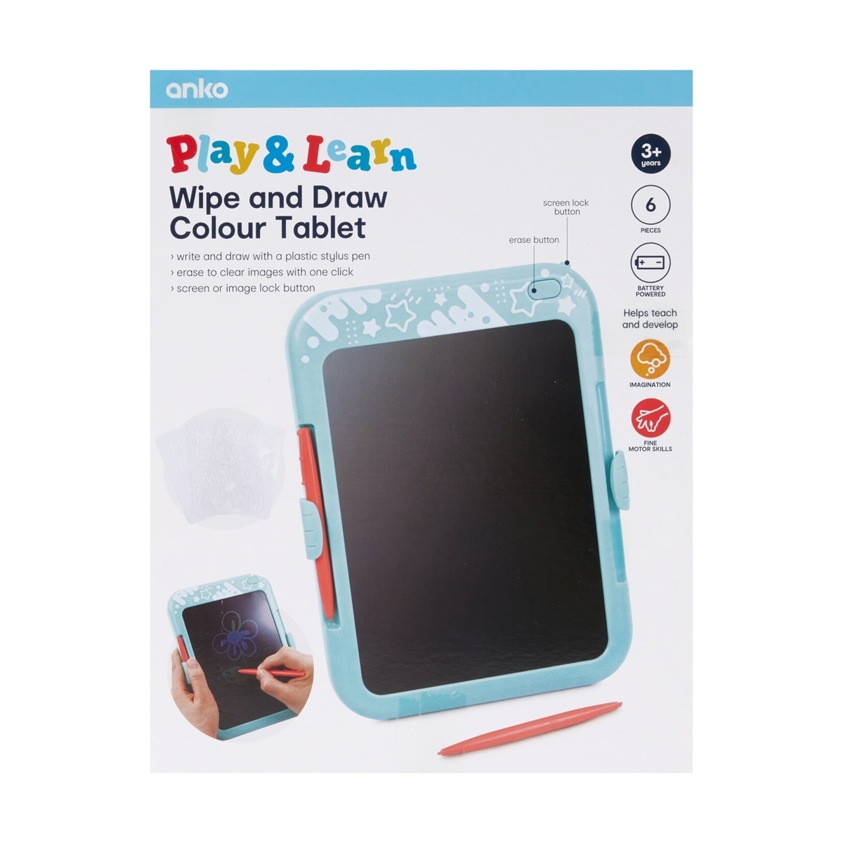 6 Piece Play & Learn Wipe and Draw Colour Tablet