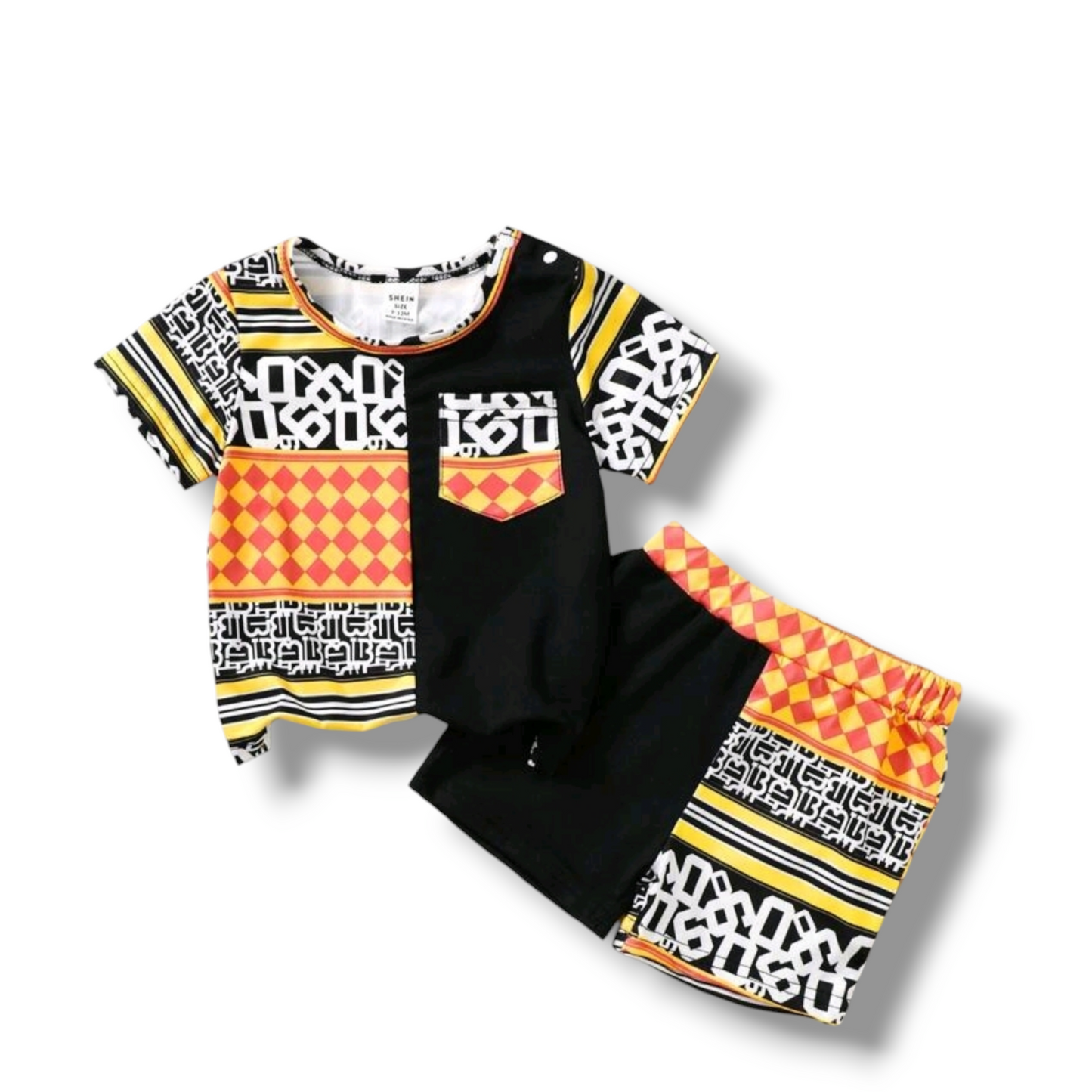 Baby Boy Geometric Printed Round Neck Short Sleeve Casual T-Shirt And Shorts Set, Summer