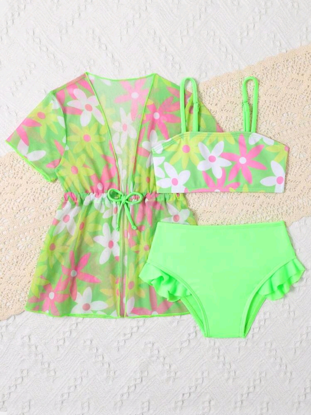 SHEIN Baby Girl Floral Print Ruffle Trim Beachwear With Kimono Summer Beach