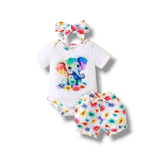 Baby Girl Cartoon Elephant Floral Print Short Sleeve Bodysuit And Shorts Casual Set