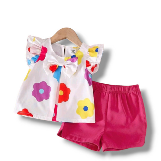 Baby Girls Casual Floral Print Bowknot Decor Top And Shorts Set, Summer