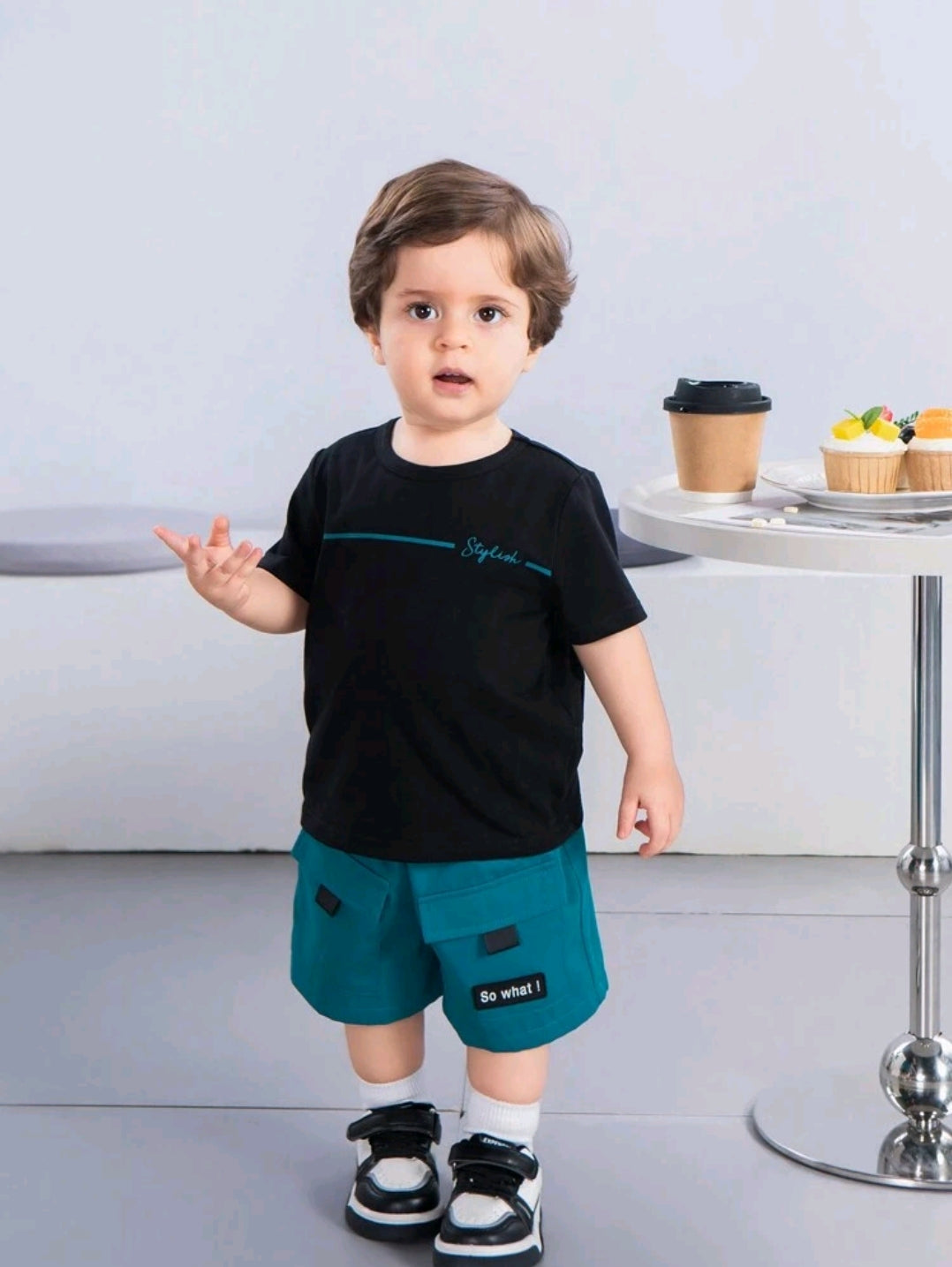 SHEIN Baby Boy Cute Casual Loose Short Sleeve T-Shirt With Letter Print And Cargo Shorts With Large Pockets Summer Outfits