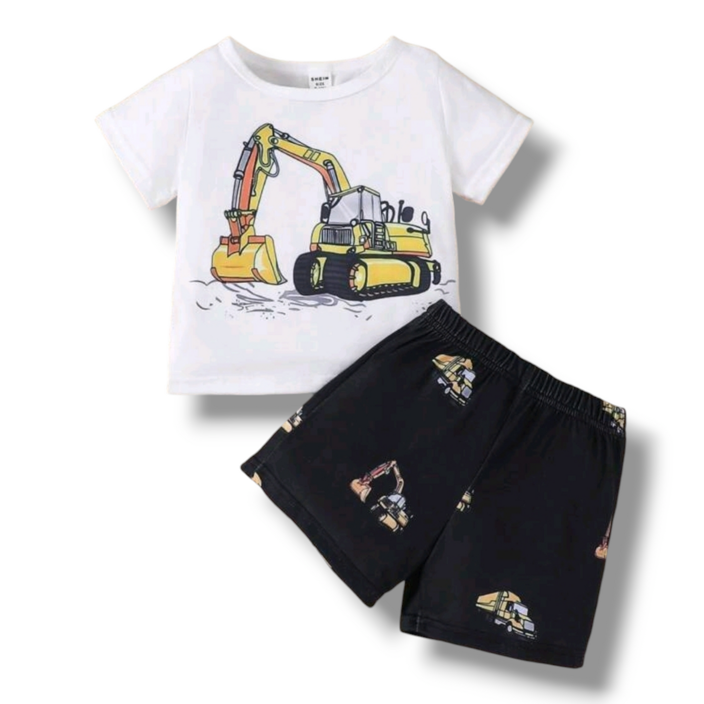 SHEIN 2pcs Baby Boy Casual Basic Cute Excavator Pattern Printed Short Sleeve T-Shirt And Shorts Set For Spring-Summer Outfits