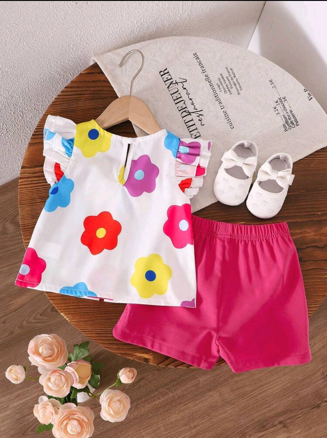 Baby Girls Casual Floral Print Bowknot Decor Top And Shorts Set, Summer