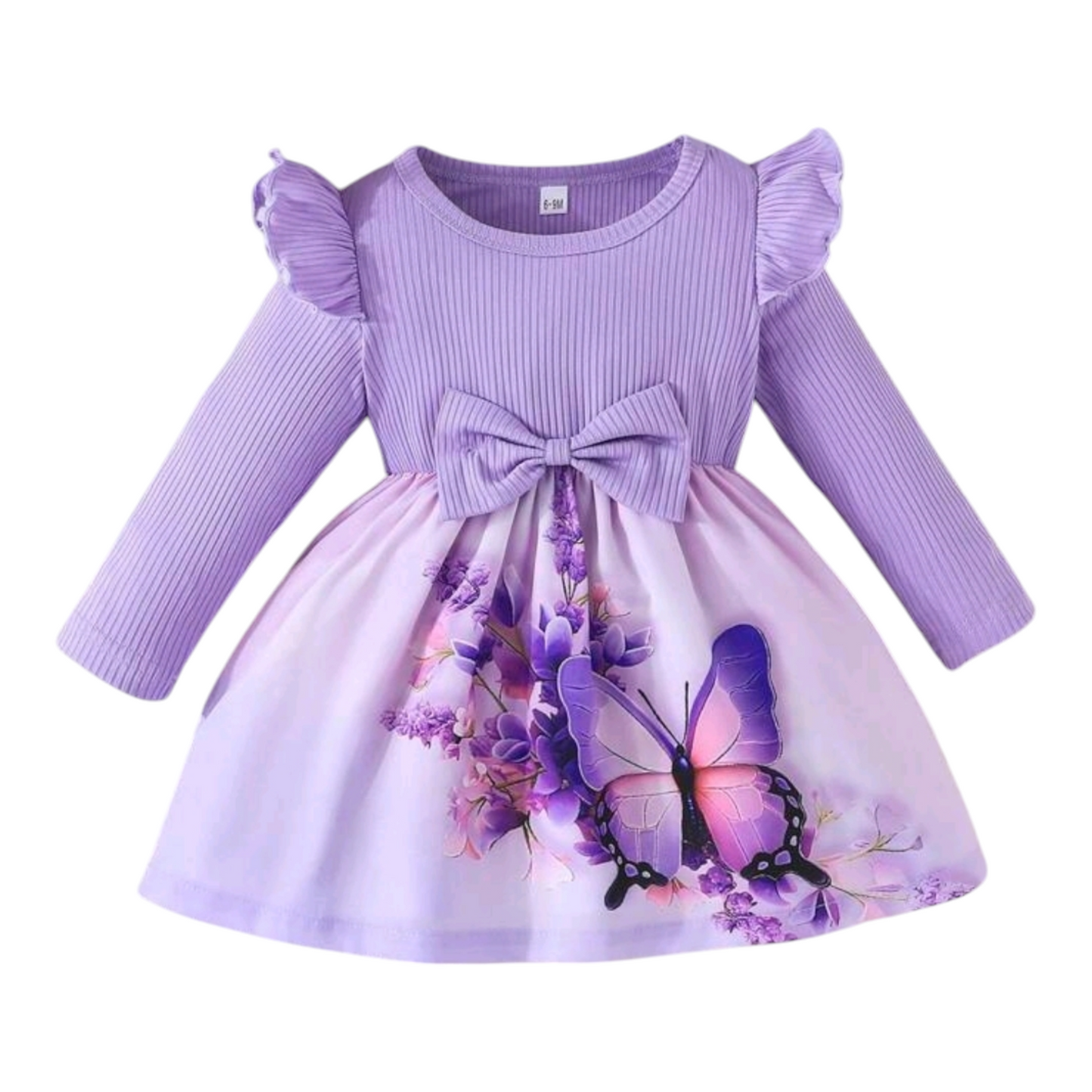 Toddler Girls Autumn Ruffle Collar Long Sleeve Round Neck Bow Tie Cute Butterfly Floral Print Casual Dress