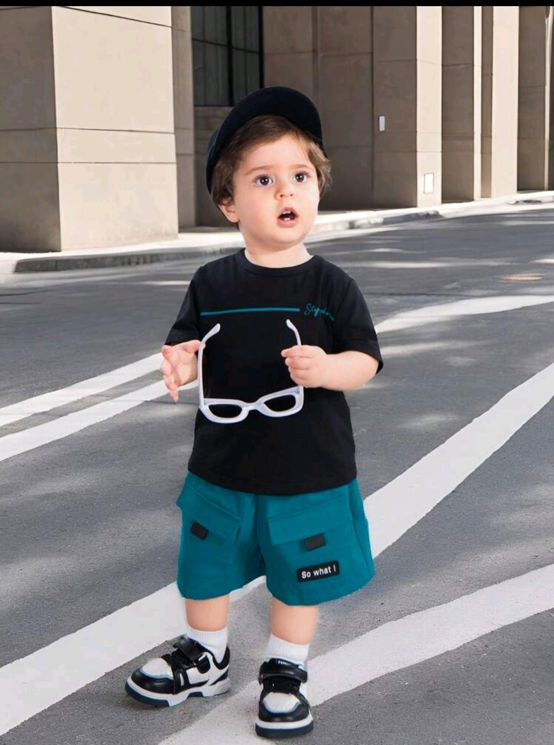 SHEIN Baby Boy Cute Casual Loose Short Sleeve T-Shirt With Letter Print And Cargo Shorts With Large Pockets Summer Outfits