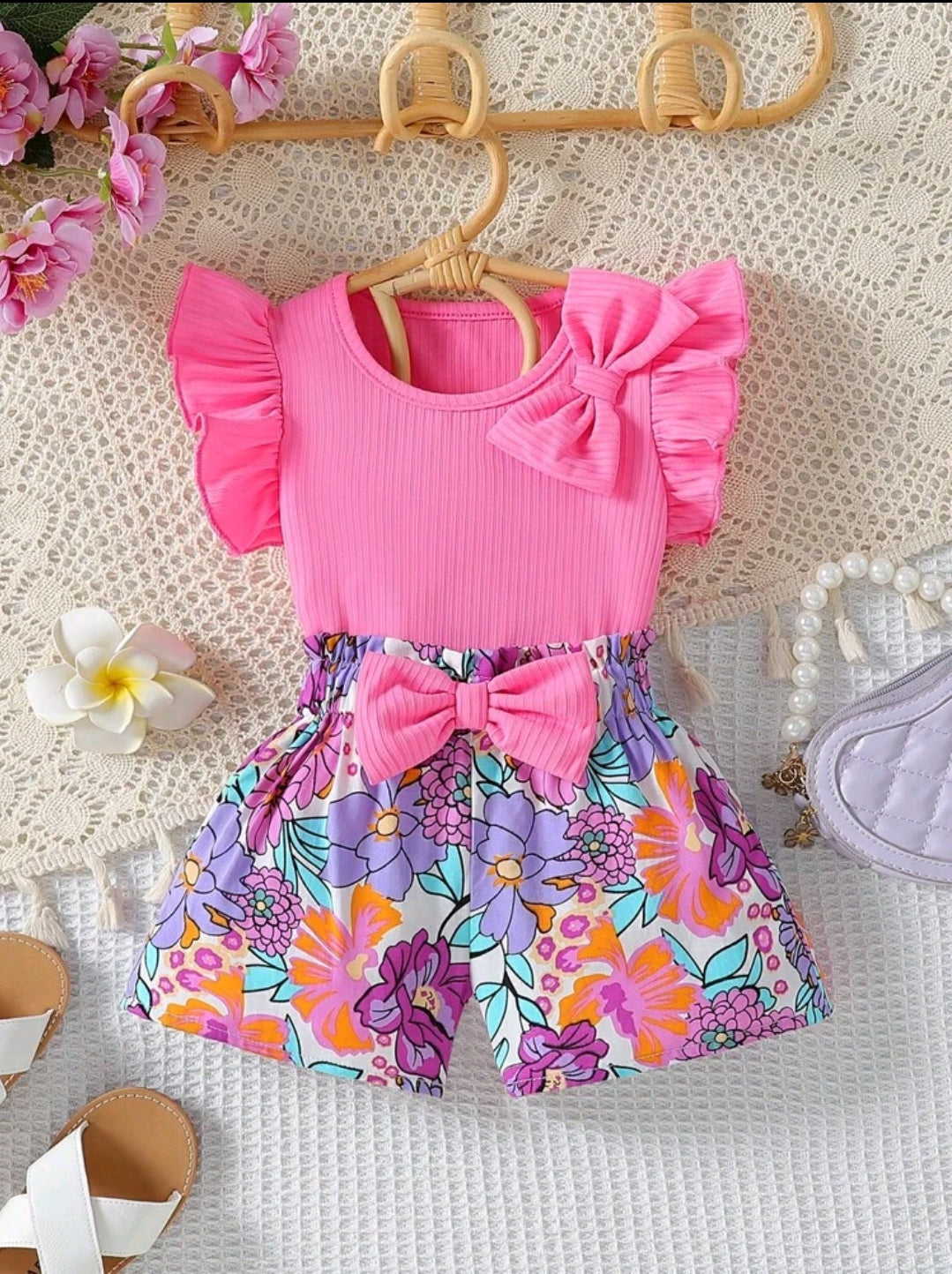 Baby Girl's Casual Butterfly Sleeve Top With Bowknot And Floral Printed Shorts Summer Holiday Outfit