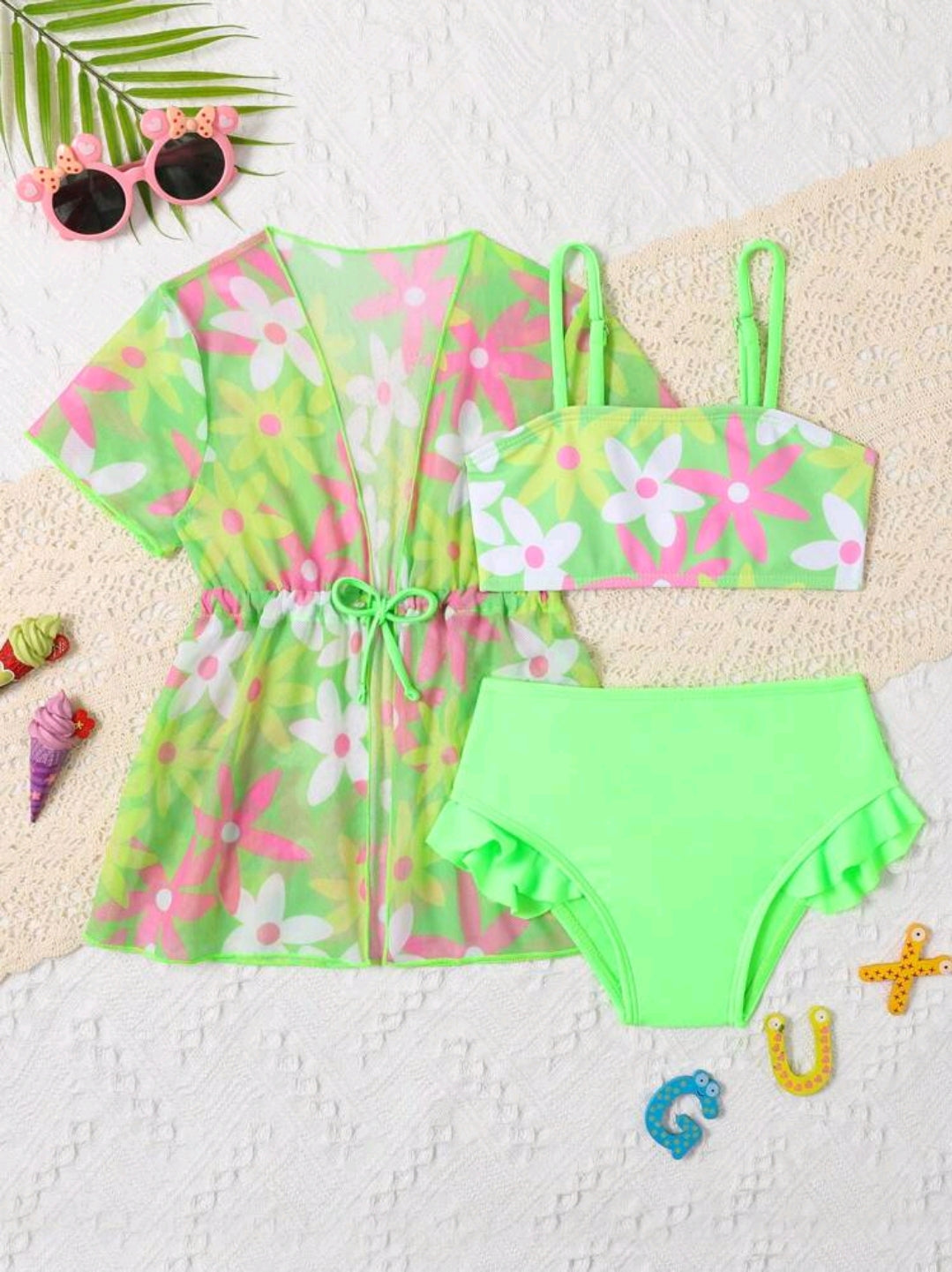 SHEIN Baby Girl Floral Print Ruffle Trim Beachwear With Kimono Summer Beach