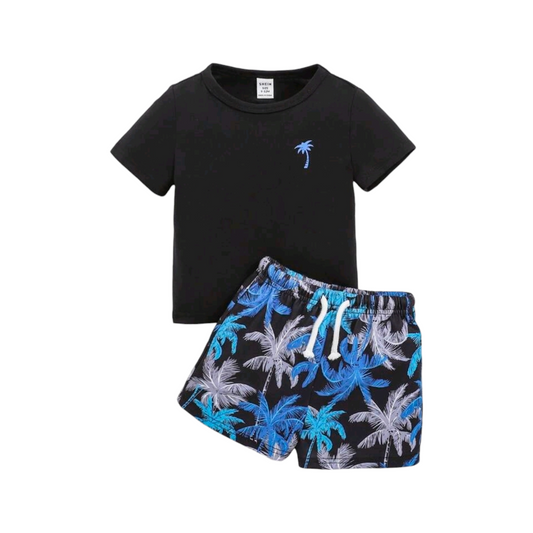 SHEIN Baby Boy Coconut Tree Print Tee & Drawstring Waist Shorts