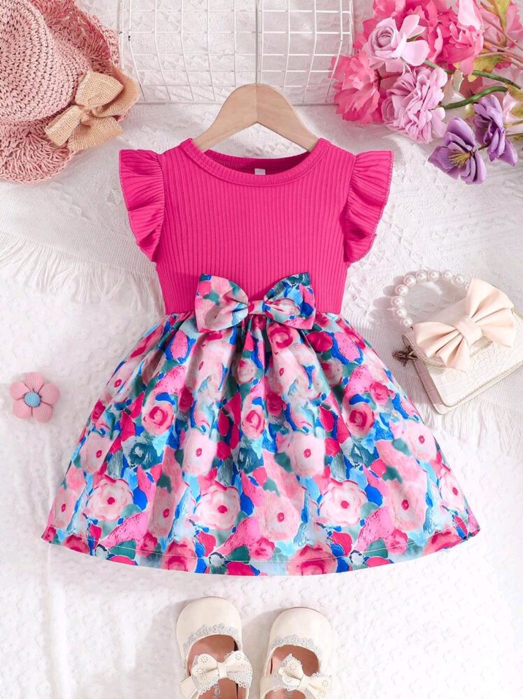 Baby Girl Summer Flyaway Sleeve Butterfly Decor Floral Print Patchwork Dress