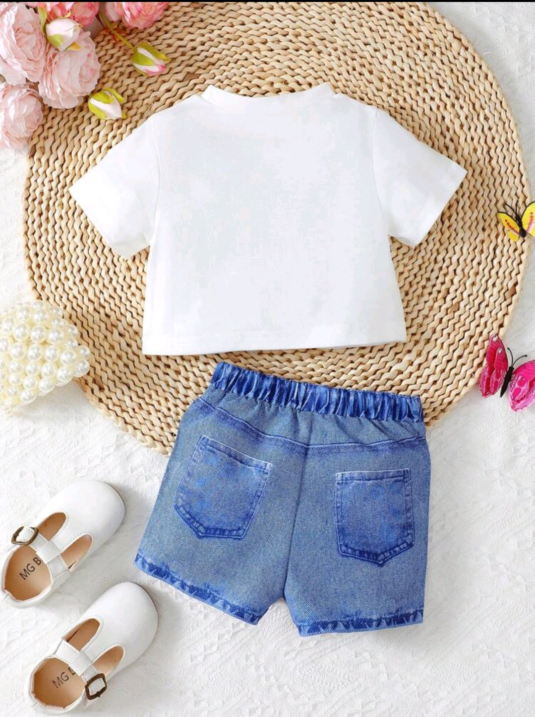 Summer Butterfly Print T-Shirt + Denim Butterfly Print Shorts