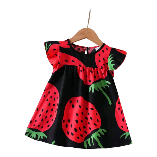 Baby Girl Cute Little Fly Sleeve Strawberry Print Princess Dress Suitable For Summer Wear