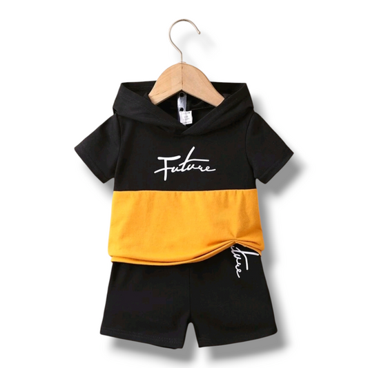 Baby Boy Letter Graphic Two Tone Hooded Tee & Shorts