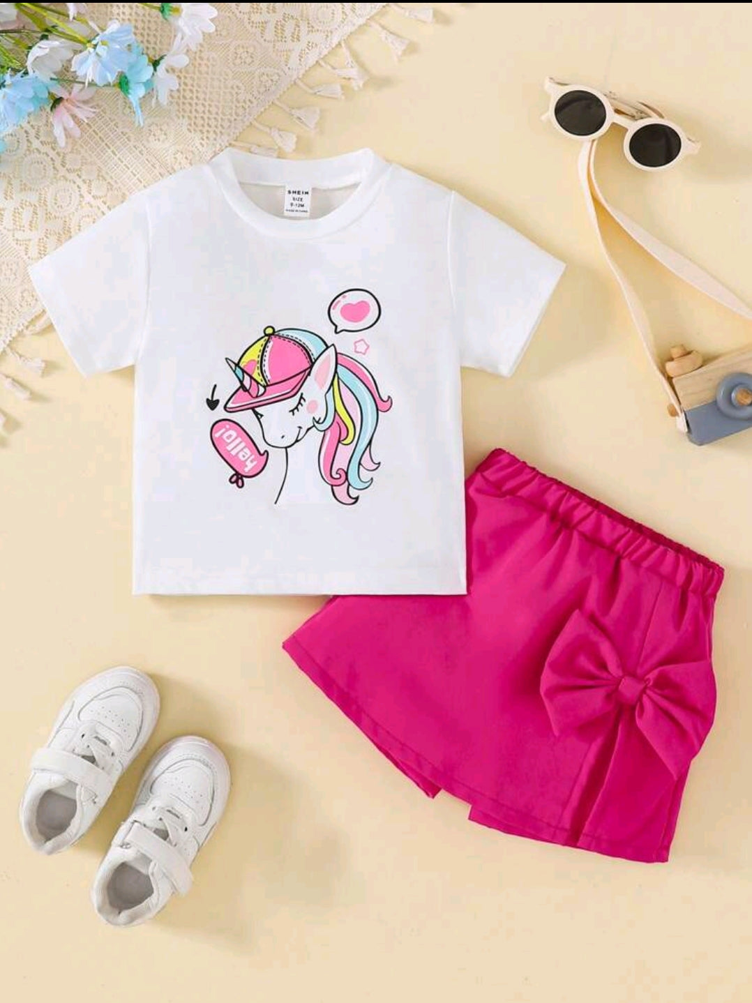 Baby Girl Whimsical Unicorn Print 2pcs Set - Casual Short Sleeve Top And Skirt, Trendy