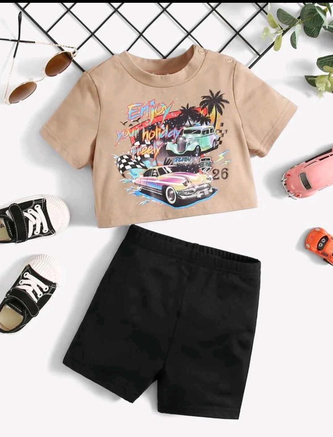 SHEIN Baby Girl Slogan & Car Print Tee & Shorts