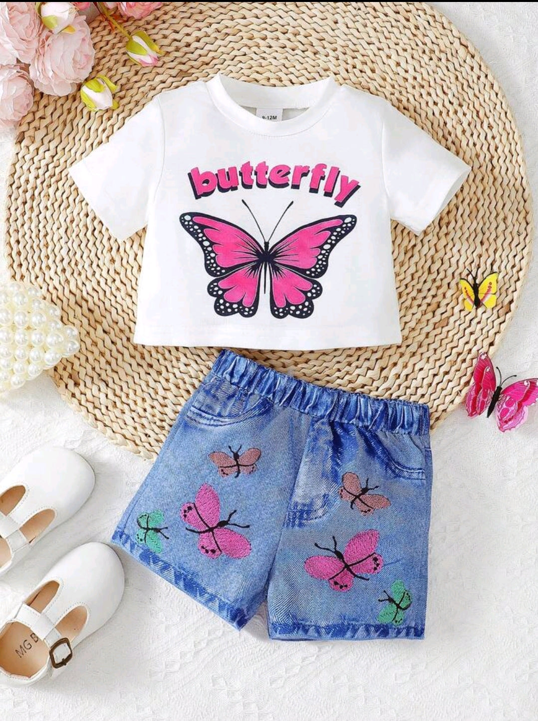 Summer Butterfly Print T-Shirt + Denim Butterfly Print Shorts