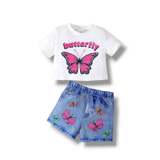 Summer Butterfly Print T-Shirt + Denim Butterfly Print Shorts