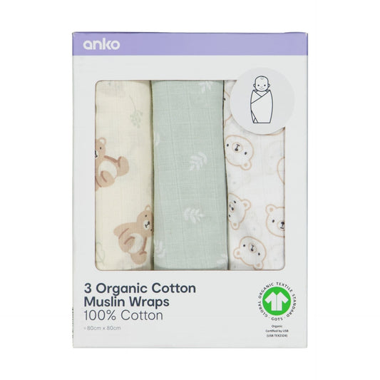 3 Pack Organic Cotton Muslin Wraps - Bears