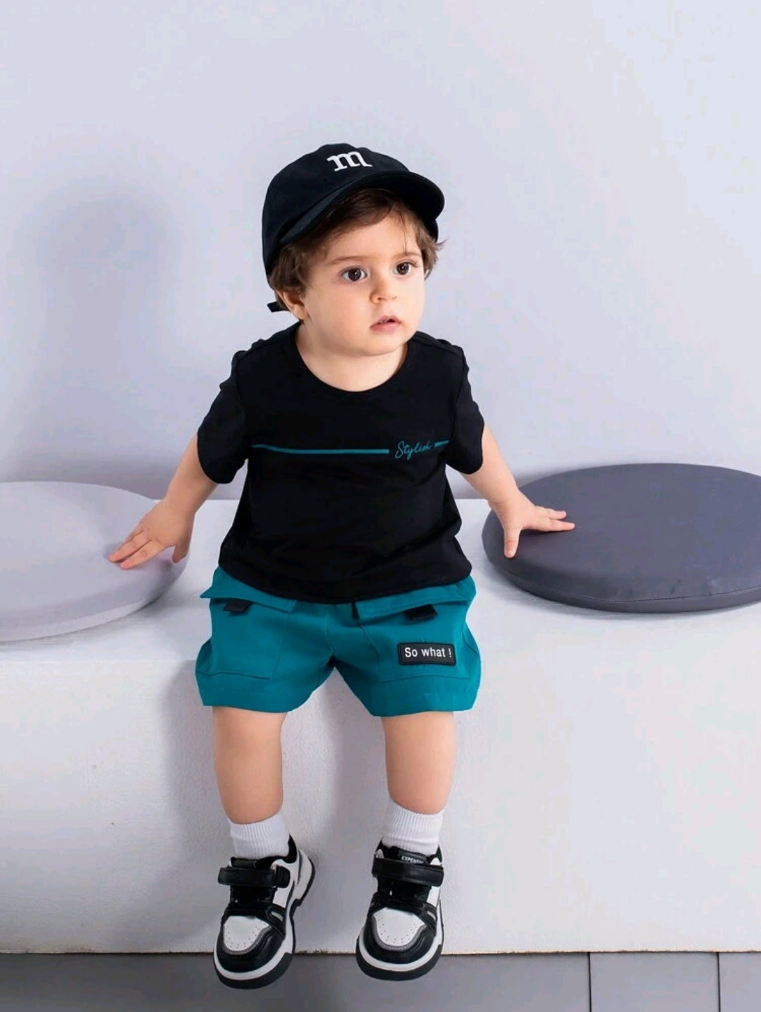 SHEIN Baby Boy Cute Casual Loose Short Sleeve T-Shirt With Letter Print And Cargo Shorts With Large Pockets Summer Outfits