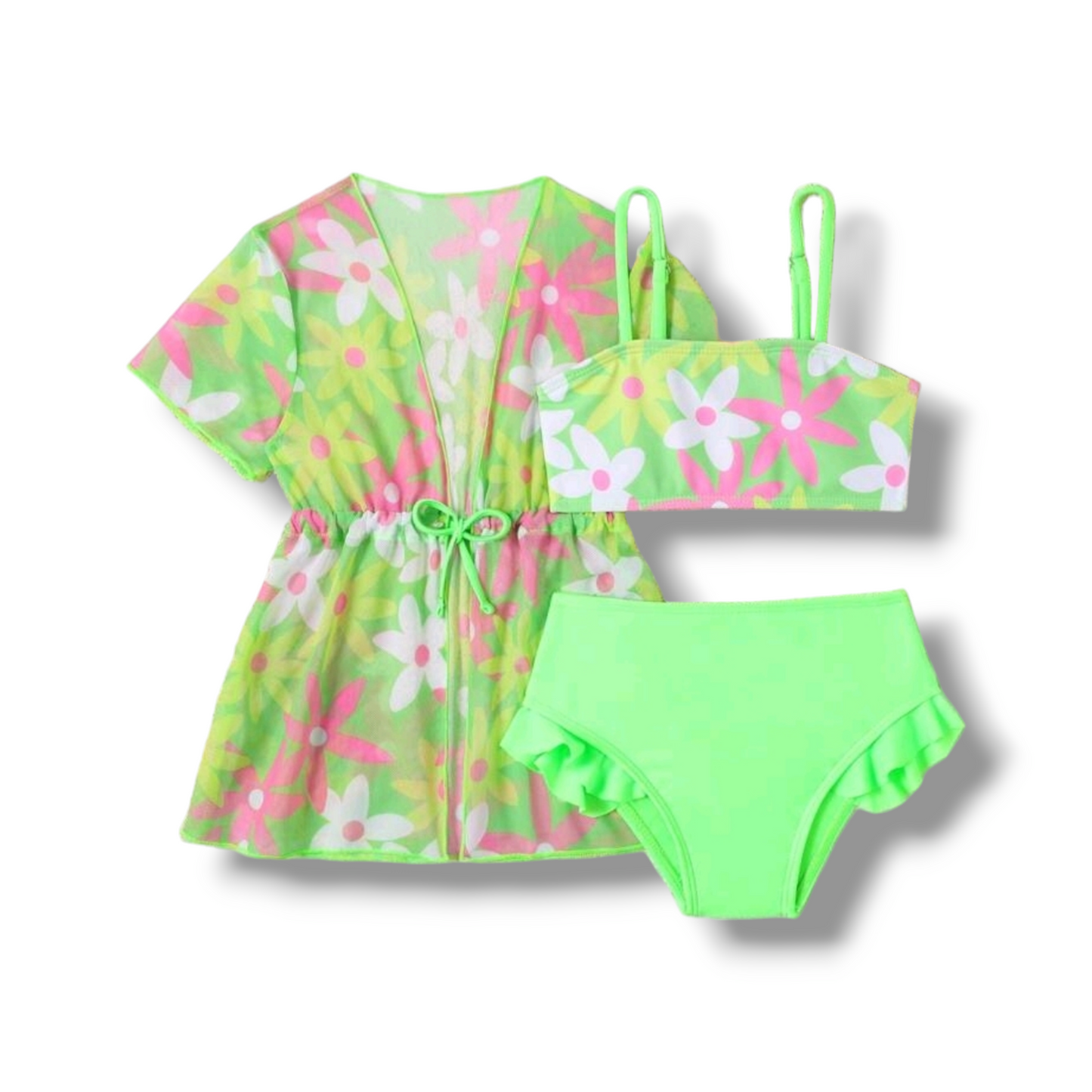 SHEIN Baby Girl Floral Print Ruffle Trim Beachwear With Kimono Summer Beach