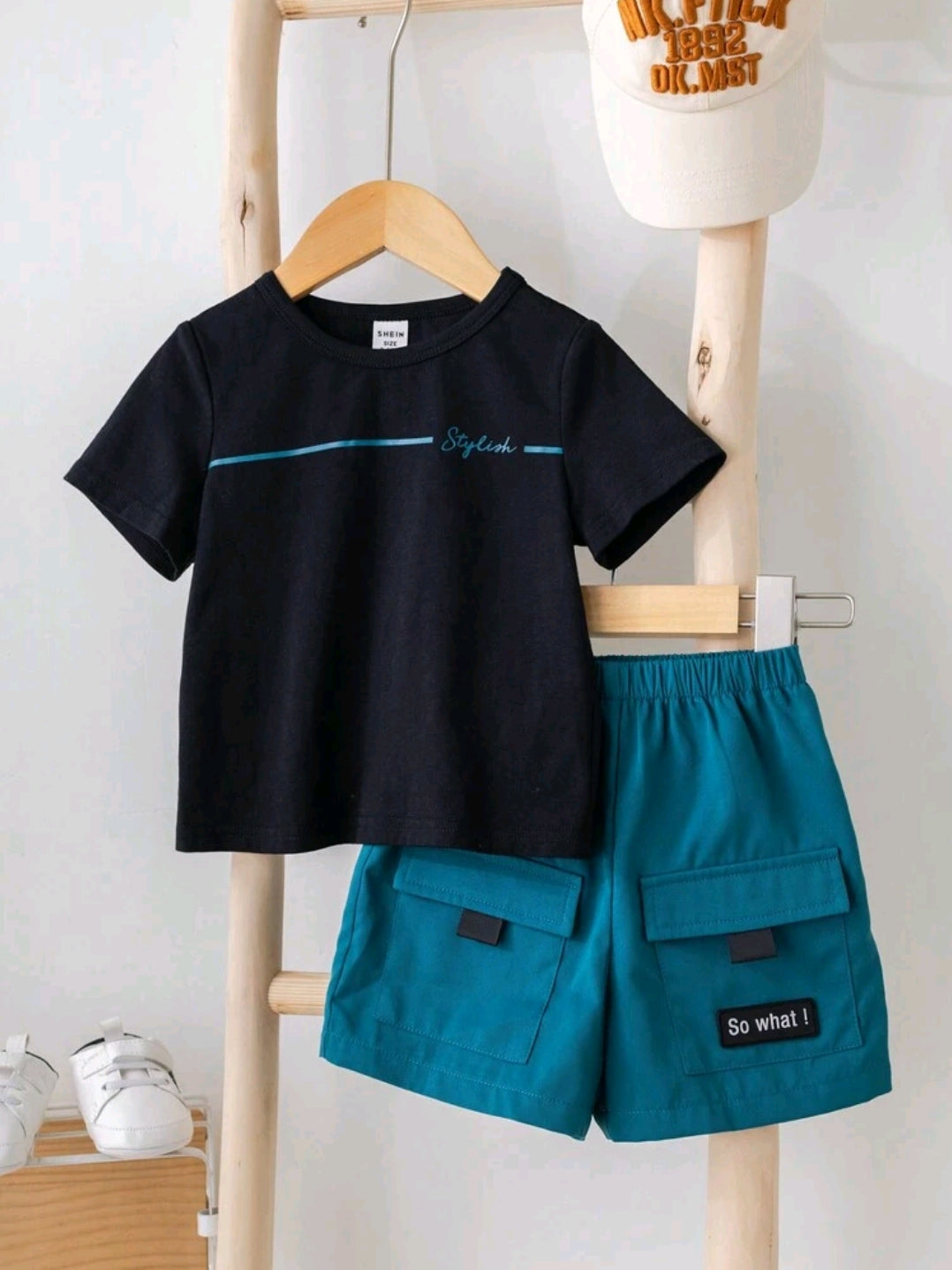 SHEIN Baby Boy Cute Casual Loose Short Sleeve T-Shirt With Letter Print And Cargo Shorts With Large Pockets Summer Outfits