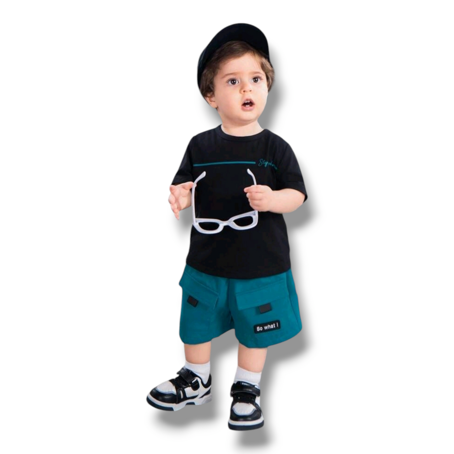 SHEIN Baby Boy Cute Casual Loose Short Sleeve T-Shirt With Letter Print And Cargo Shorts With Large Pockets Summer Outfits