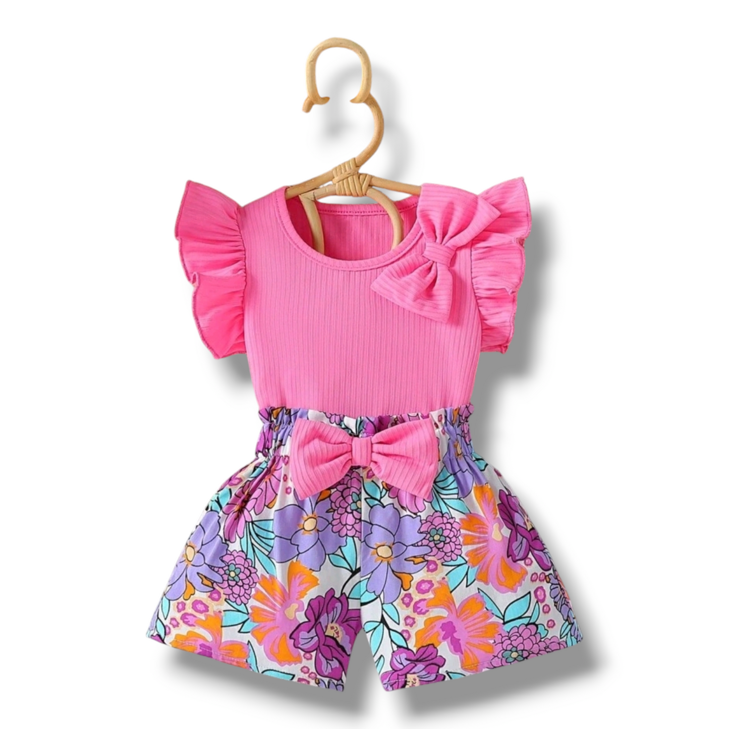 Baby Girl's Casual Butterfly Sleeve Top With Bowknot And Floral Printed Shorts Summer Holiday Outfit