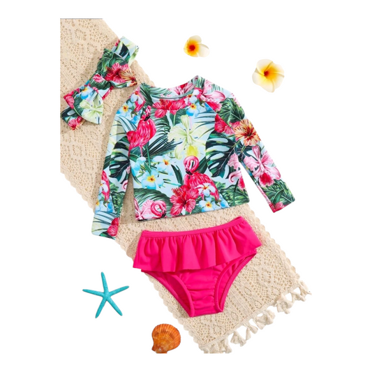 Baby Girls' Vacation Style Random Printed Long Sleeve Swimsuit Set With Hairband For Summer