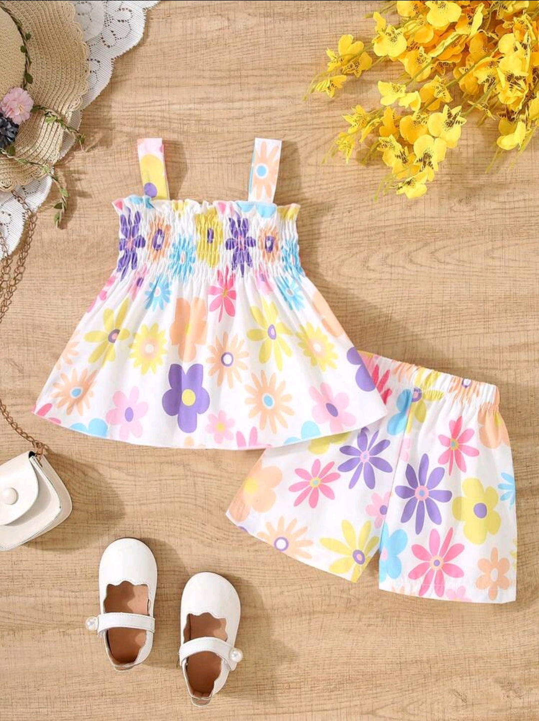 Baby Girl Ditsy Floral Shirred Crop Top With Cute Shorts Set